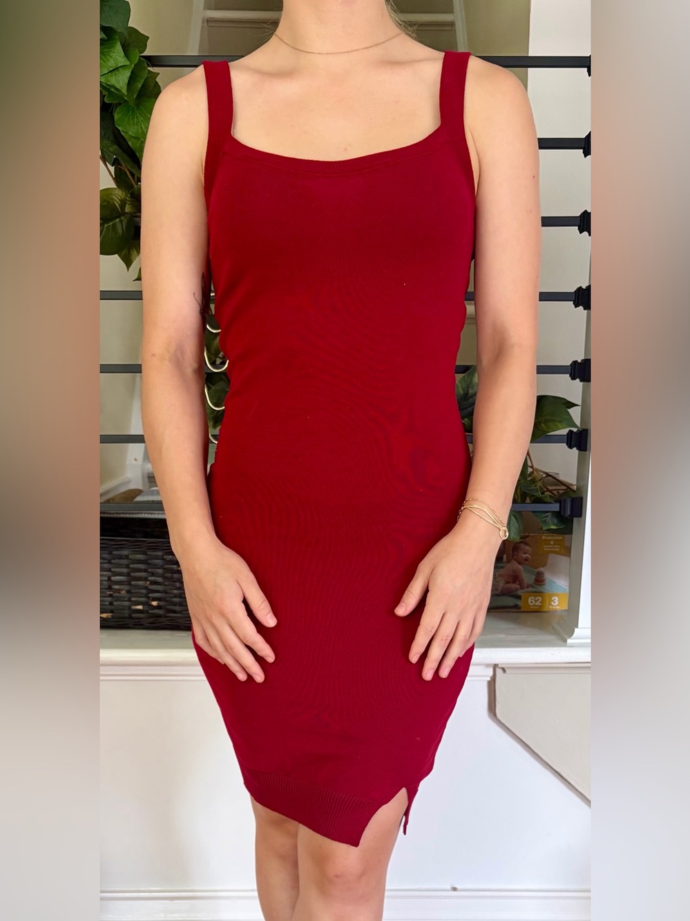 Burgundy Red Square Neck Bodycon Knit Midi Dress Size Small NWT